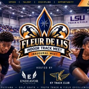 Fleur De Lis Indoor Track Meet inaugural meet artwork featuring two sprinters